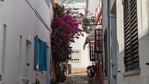 A narrow cobblestone street flanked by white buildings with blue shutters and a pink flowering vine. -  Beautiful charming flat, beautiful terrace facing the sea. Exceptional location (Albufeira)