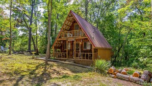 A wooden cabin with a metal roof, surrounded by trees and logs.