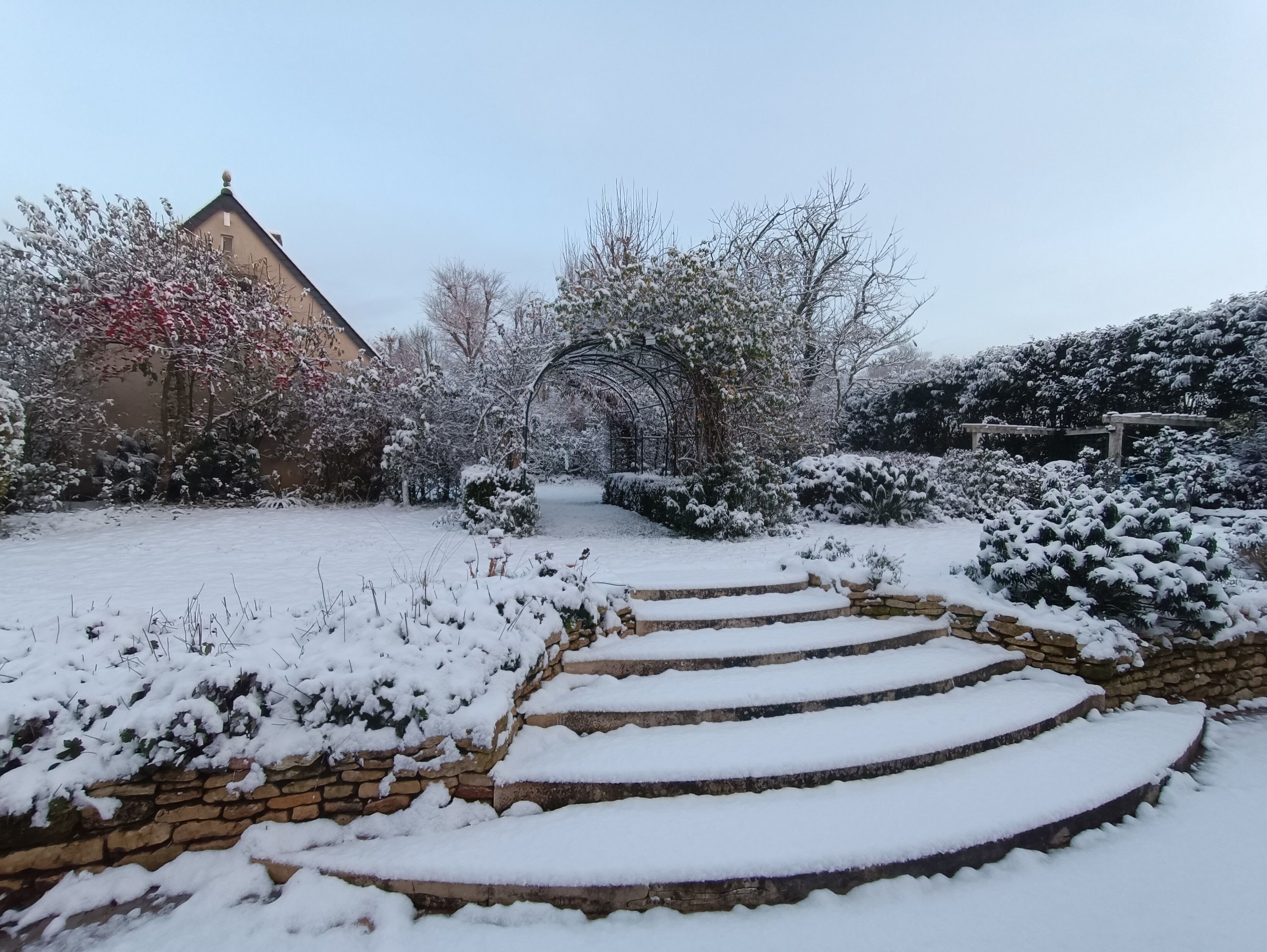 Vue du jardin enneigé.