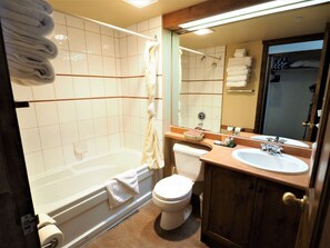 Duschwanne, Handtücher, Seife, Toilettenpapier