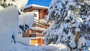 Un edifici d'edificis amb balcons de fusta i arbres coberts de neu.