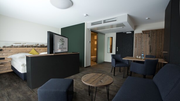 A modern hotel room with a bed, a desk, a sofa, and a small round table. - Hotel Zum Grünen Baum (Ellwangen)