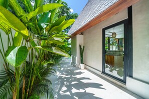 A modern building with a glass door and a concrete pathway lined with tropical plants.