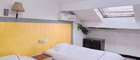 A room with two beds, a bedside table, a lamp, and a skylight.