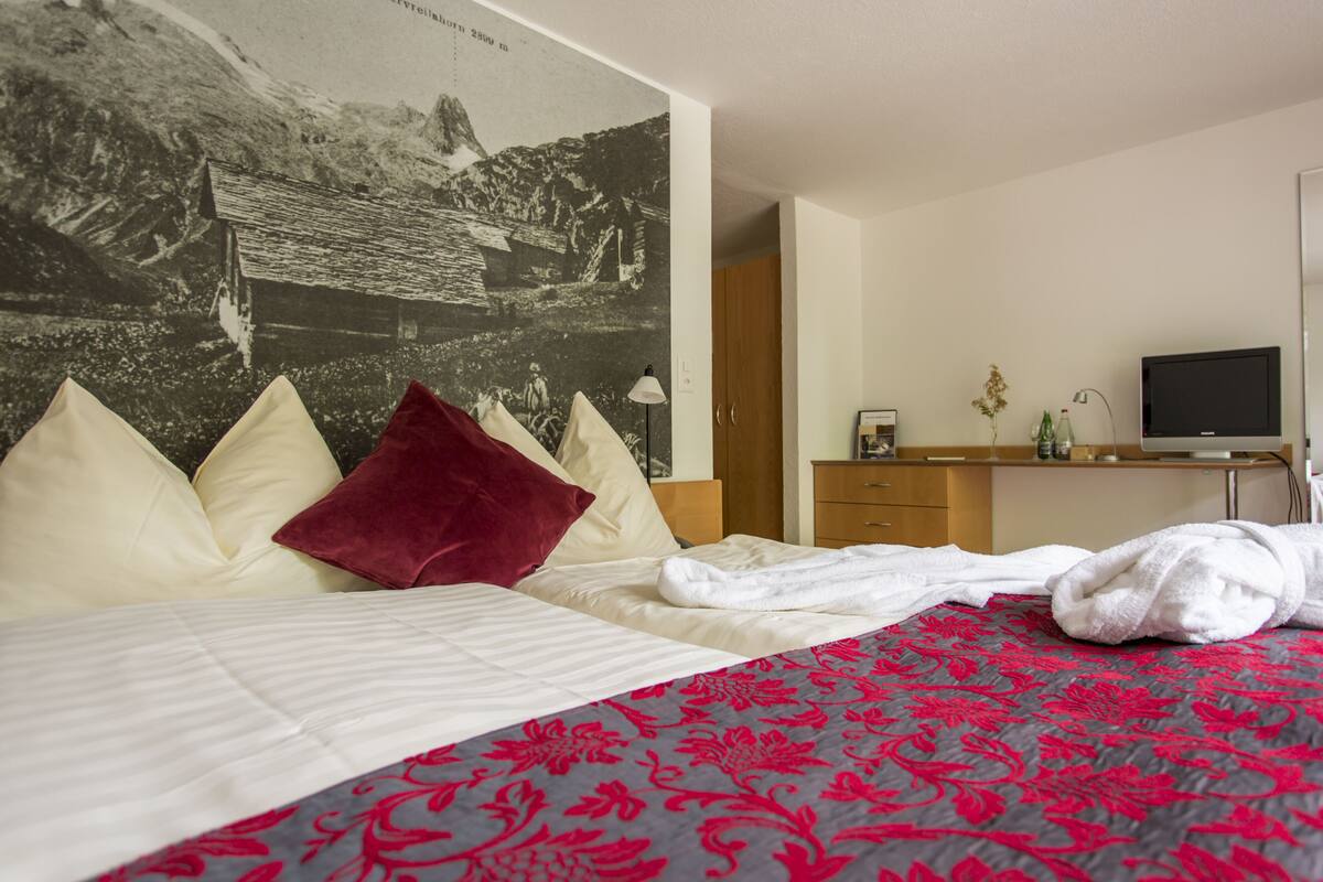 A hotel room with a bed, pillows, a red and grey patterned bedspread, a wooden nightstand, a television, and a wall-mounted picture.