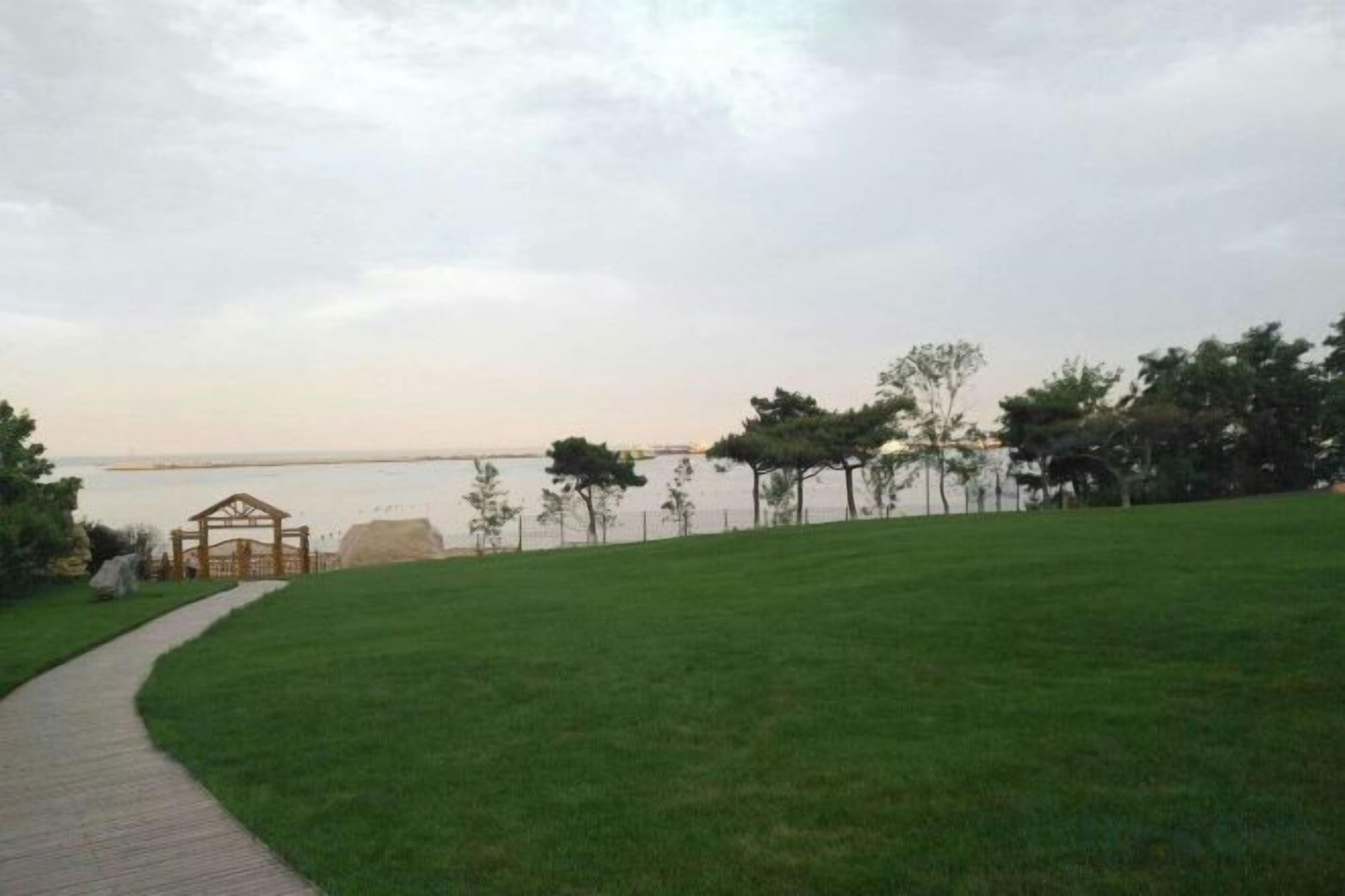 A grassy area with a pathway leading to a structure, a body of water in the background, and trees.