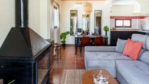 A modern living room with a fireplace, a sofa, a dining area, and a kitchen in the background.