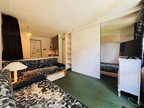 Ein Zimmer mit einer Couch, einem Bett, einem Fernseher, einem Kleiderschrank und einem Spiegel.