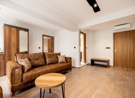 Una sala moderna con un sofá marrón, una mesa de centro de madera y un espejo grande.