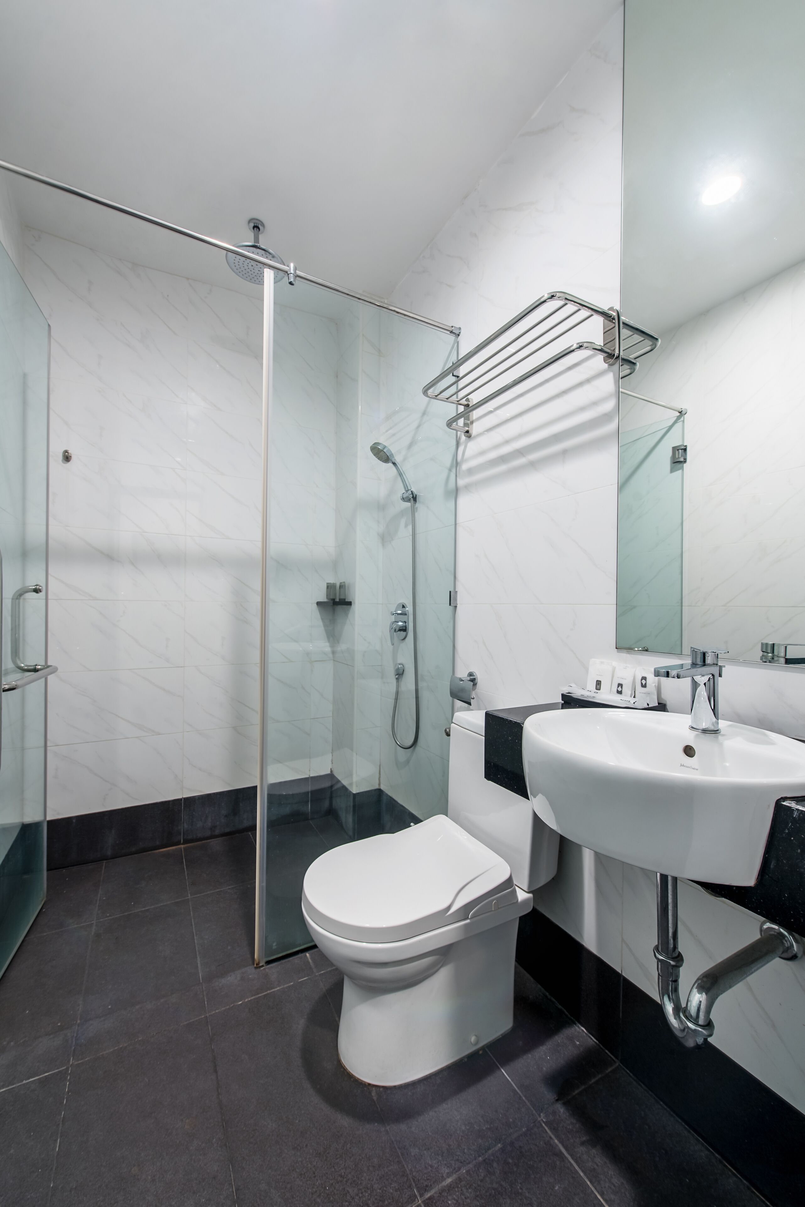 A modern bathroom with a glass-enclosed shower, a white toilet, and a sink with a mirror above it.