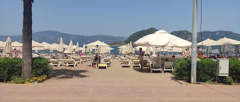 A beach with rows of sun loungers and umbrellas, a clear sky, and mountains in the background.