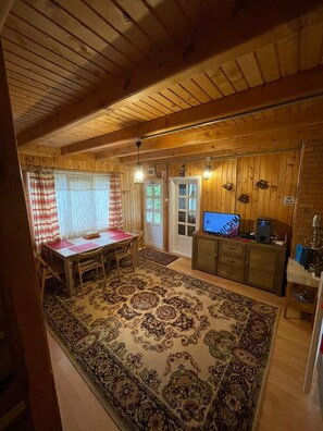 Ein gemütliches Holzhaus-Interieur mit Essbereich, Fernseher und einem gemusterten Teppich.