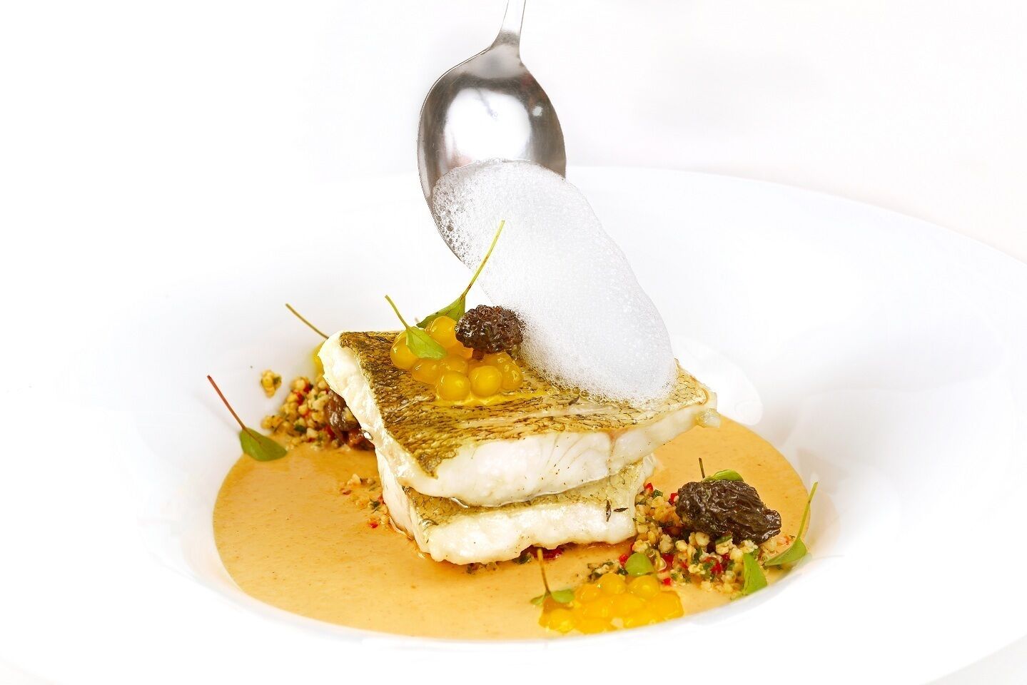 Ein weißer Teller mit einem Fischgericht, einem Löffel Schaum und Garnierungen.