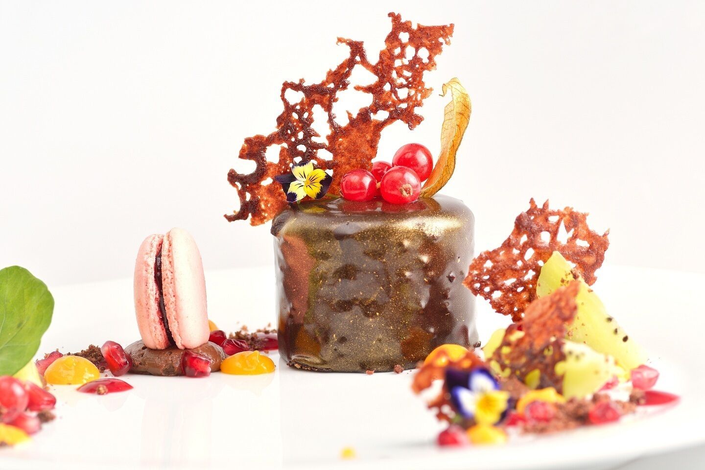 Un postre con base de chocolate negro, decorado con bayas rojas, una flor amarilla y una hoja.