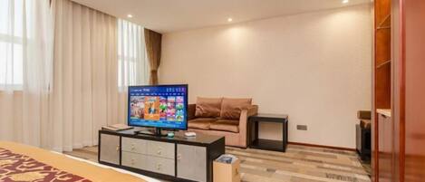 Una habitación de hotel con cama, televisor, sofá, una mesita y un armario.