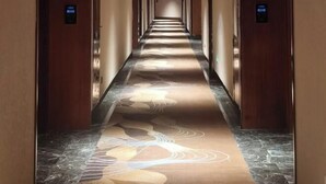 Un pasillo largo y estrecho con alfombra estampada y suelo de mármol.