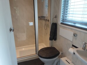 Un bagno con doccia, WC e lavandino.