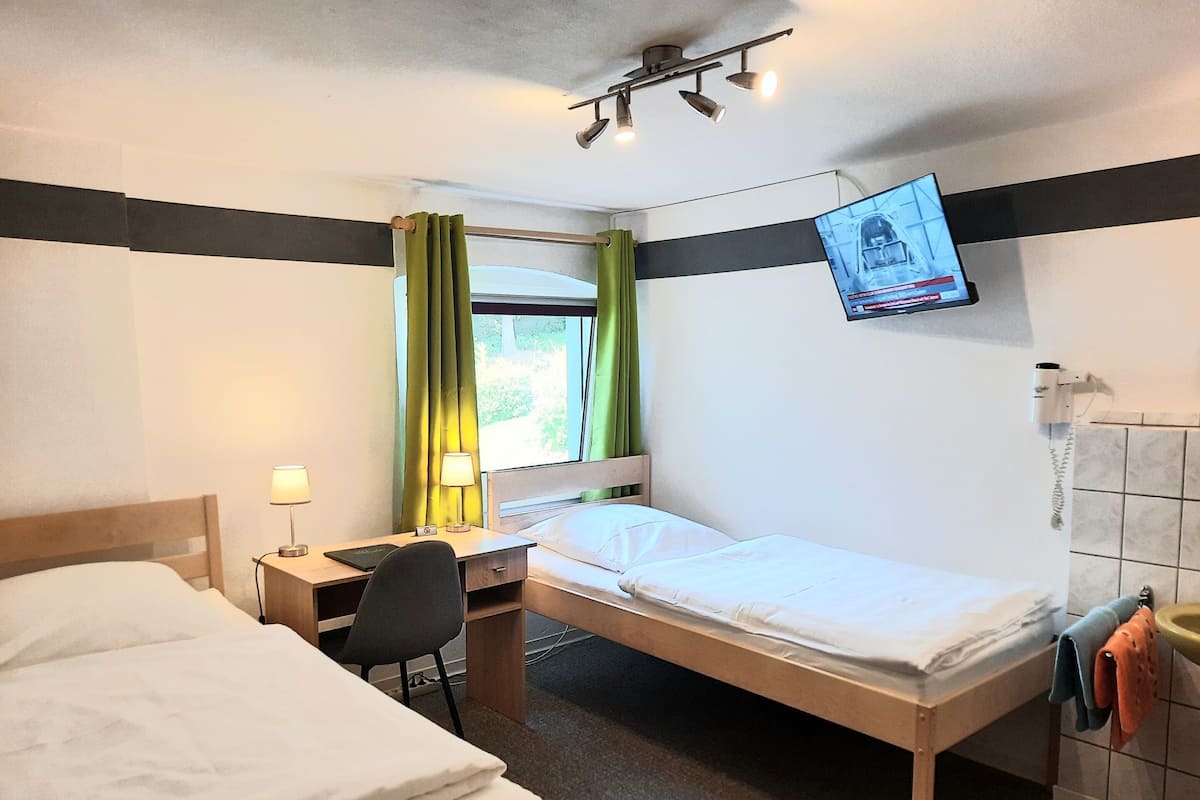 Habitación económica con 2 camas individuales, baño compartido, vistas al jardín