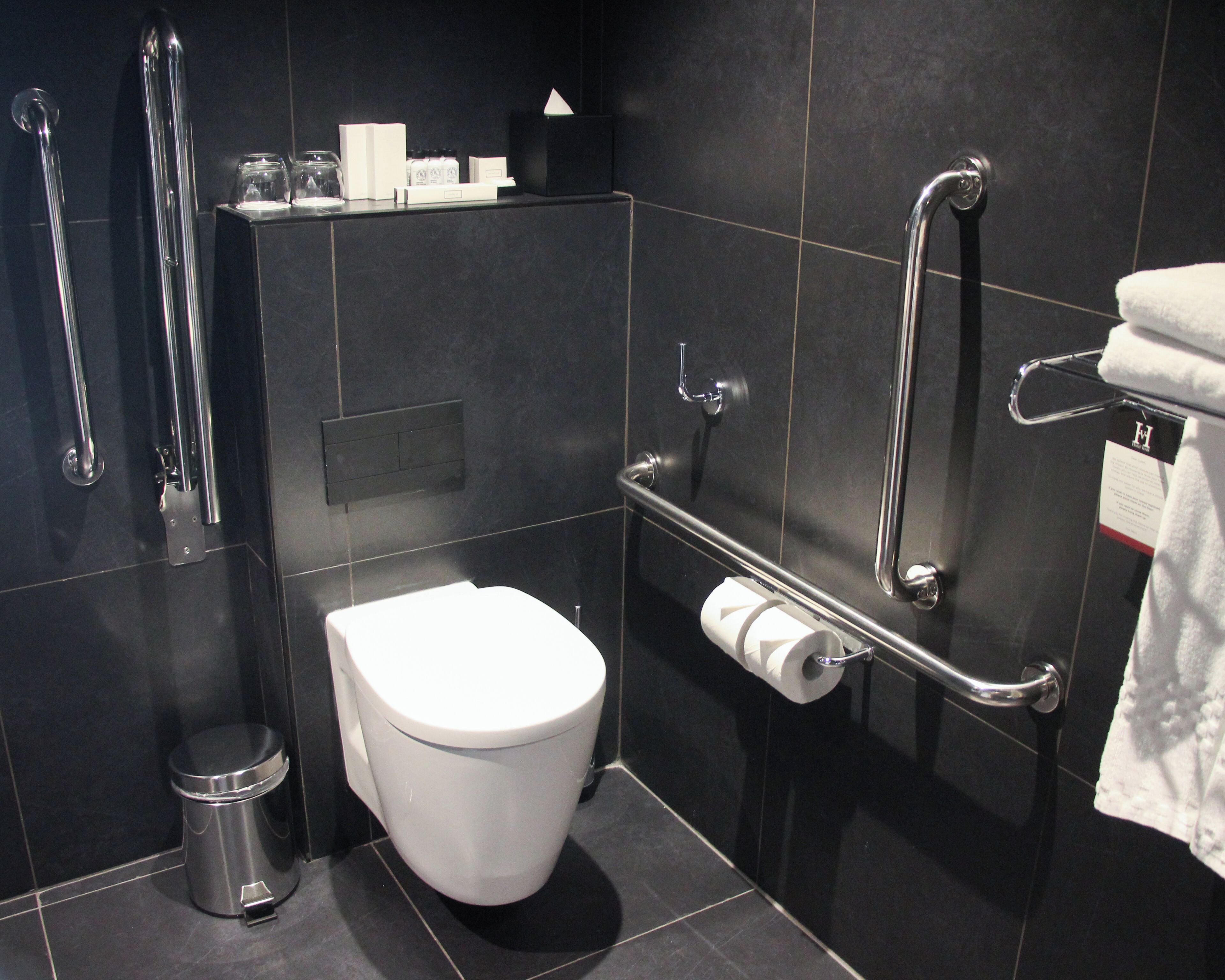 Une salle de bain moderne avec des toilettes blanches, une poubelle, un porte-serviettes et une barre d’appui.