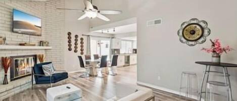 Smart TV, fireplace, video games, table football