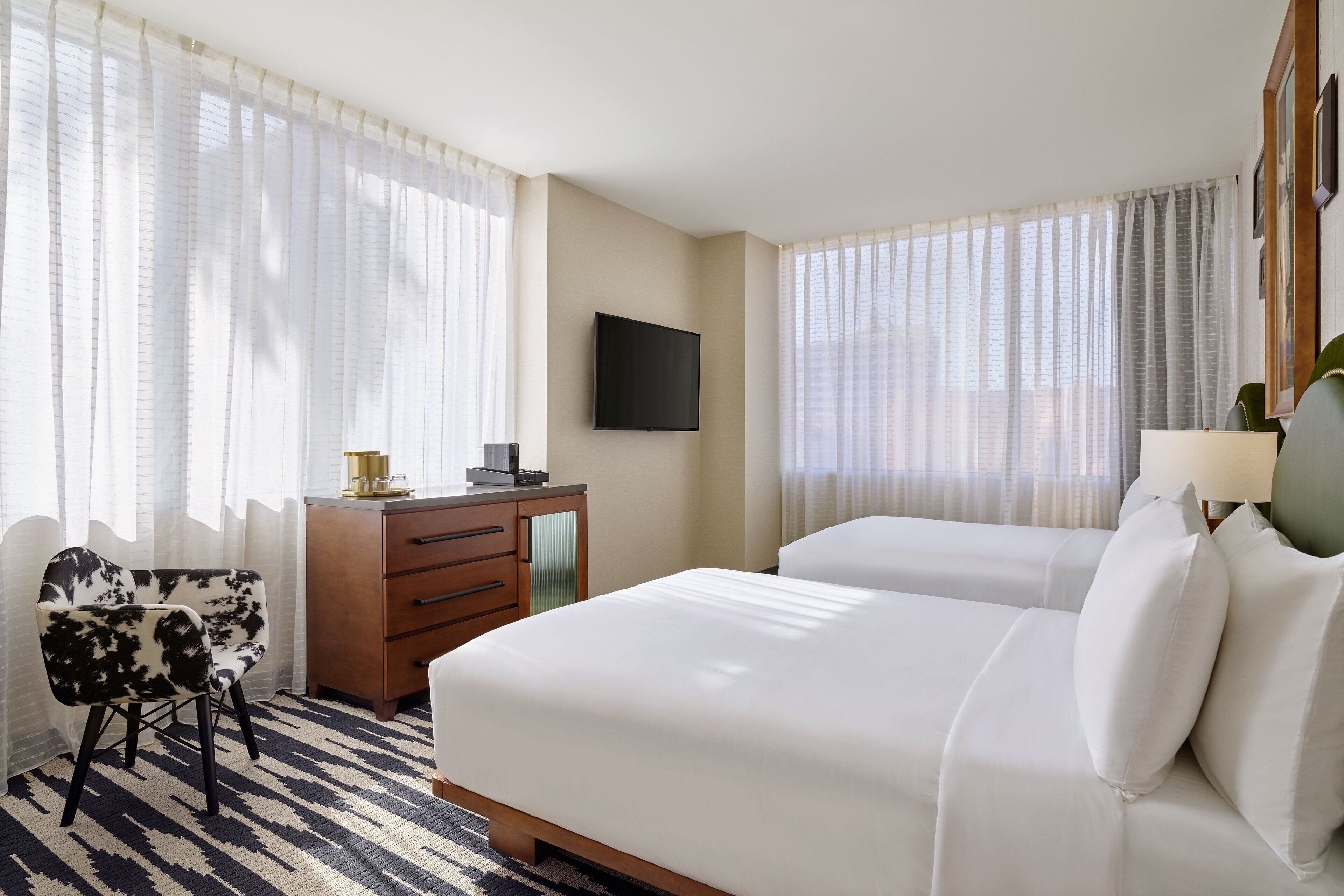 Room, 2 Queen Beds, Corner | In-room safe, desk, laptop workspace, blackout drapes