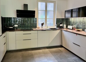Toaster, high chair, blender, dining tables