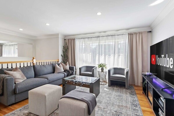 TV, fireplace, foosball, offices