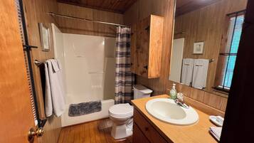 Combined shower/tub, hair dryer, towels, soap