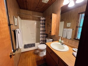 Ensemble douche/baignoire, sèche-cheveux, serviettes fournies, savon