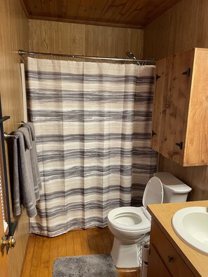 Ensemble douche/baignoire, sèche-cheveux, serviettes fournies, savon