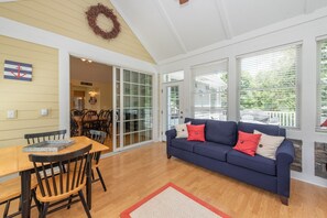 Smart TV, fireplace, foosball