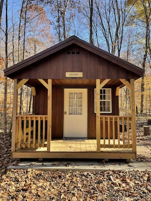 A small wooden cabin with a porch, a door, and a sign that reads "Chestnut." - Cabins in a Clearing : Chestnut, Walnut and Beech - check all 3 cabins (Logan)
