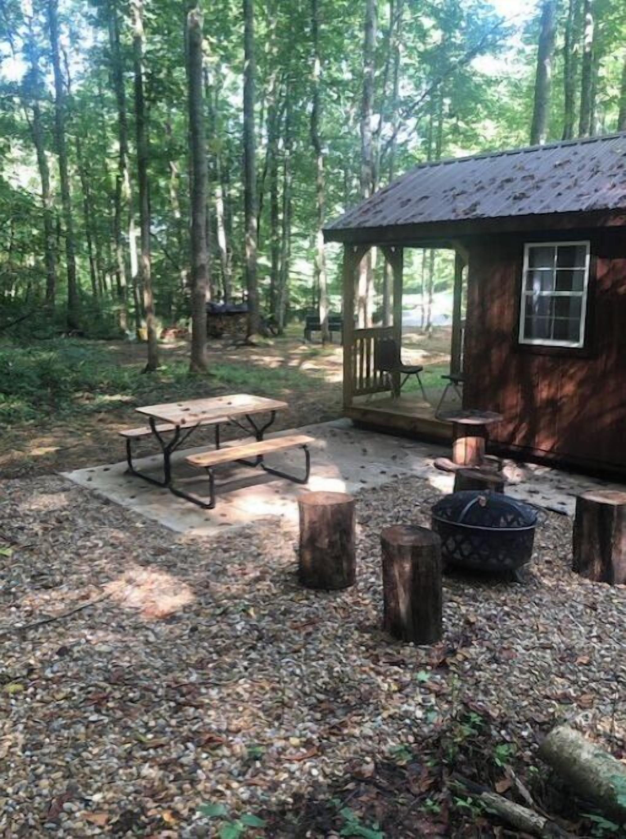 A rustic cabin with a picnic table and benches, surrounded by a forest.