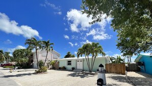 Un quartier résidentiel avec une maison, des palmiers et une allée gravillonnée.