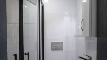 Shower, rainfall showerhead, designer toiletries, hair dryer