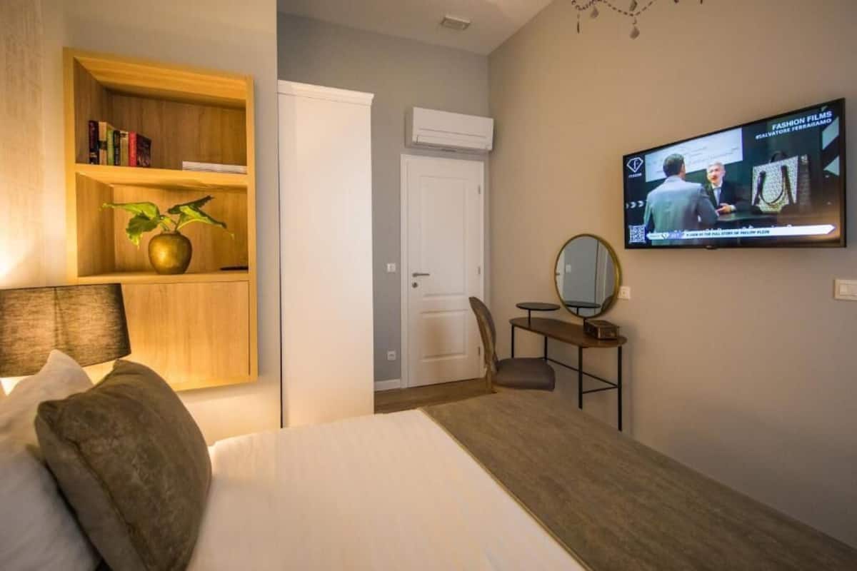 A hotel room with a bed, a wooden bookshelf with books and a plant, a desk with a chair, a television, and a door.