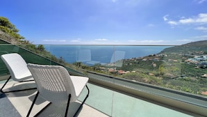 Ein Balkon mit zwei weißen Korbstühlen, einer Glasreling und Blick auf eine Küstenlandschaft.