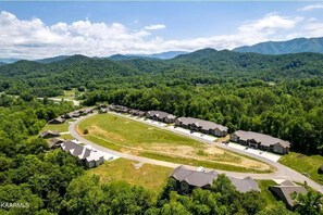 Un quartier résidentiel comprenant plusieurs maisons, une allée sinueuse et offrant une vue sur une chaîne de montagnes boisées.