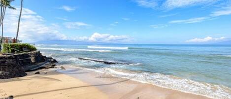 On the beach, sun-loungers, beach towels