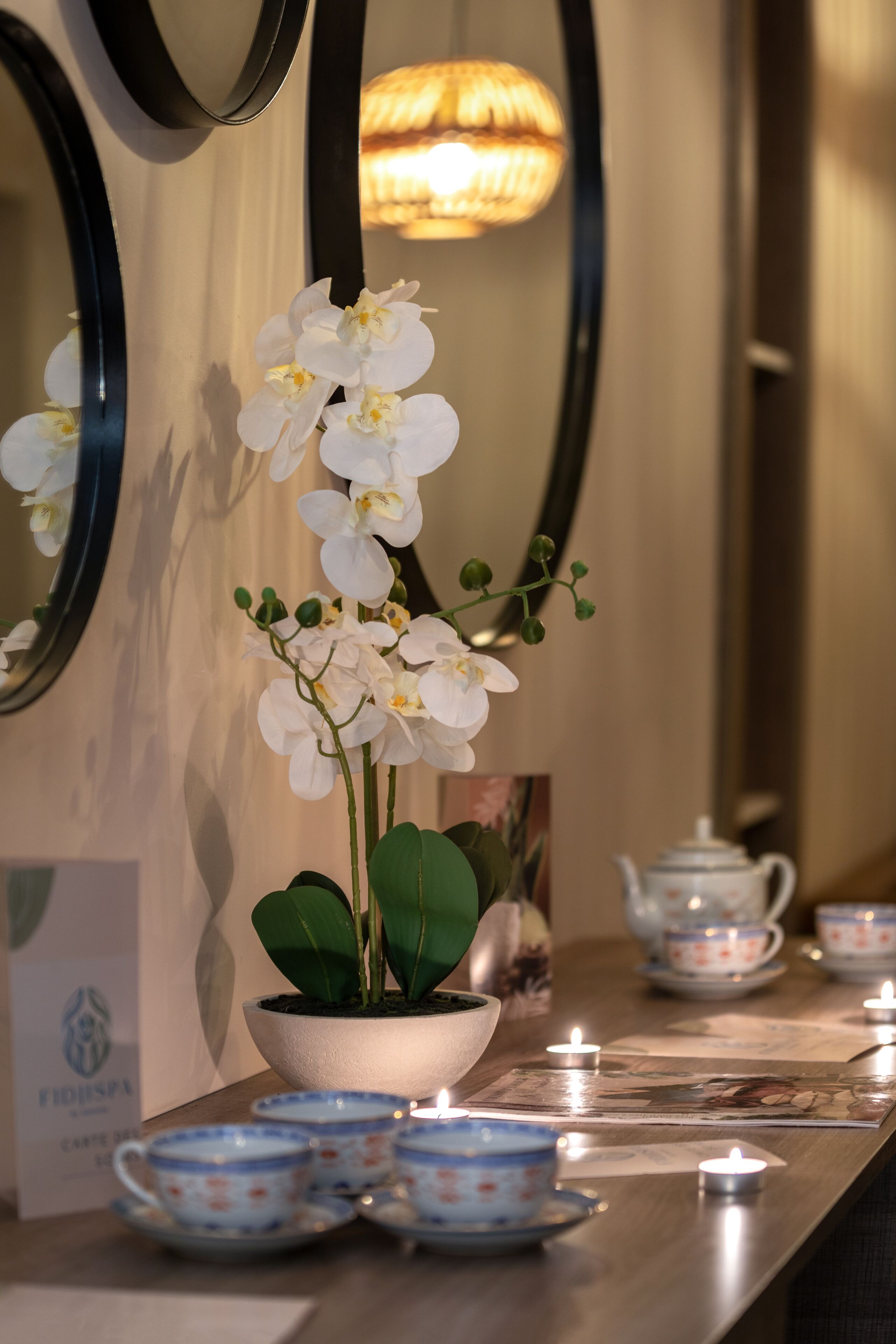A table with a potted orchid, teacups, and a teapot.