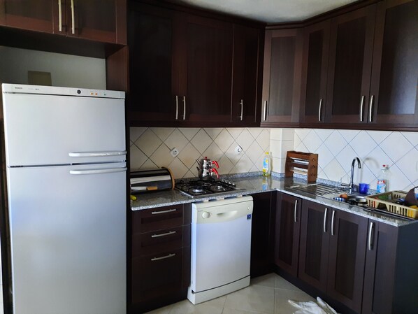 Fridge, dishwasher, cookware/dishes/utensils