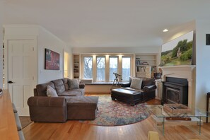 TV, fireplace, DVD player, books