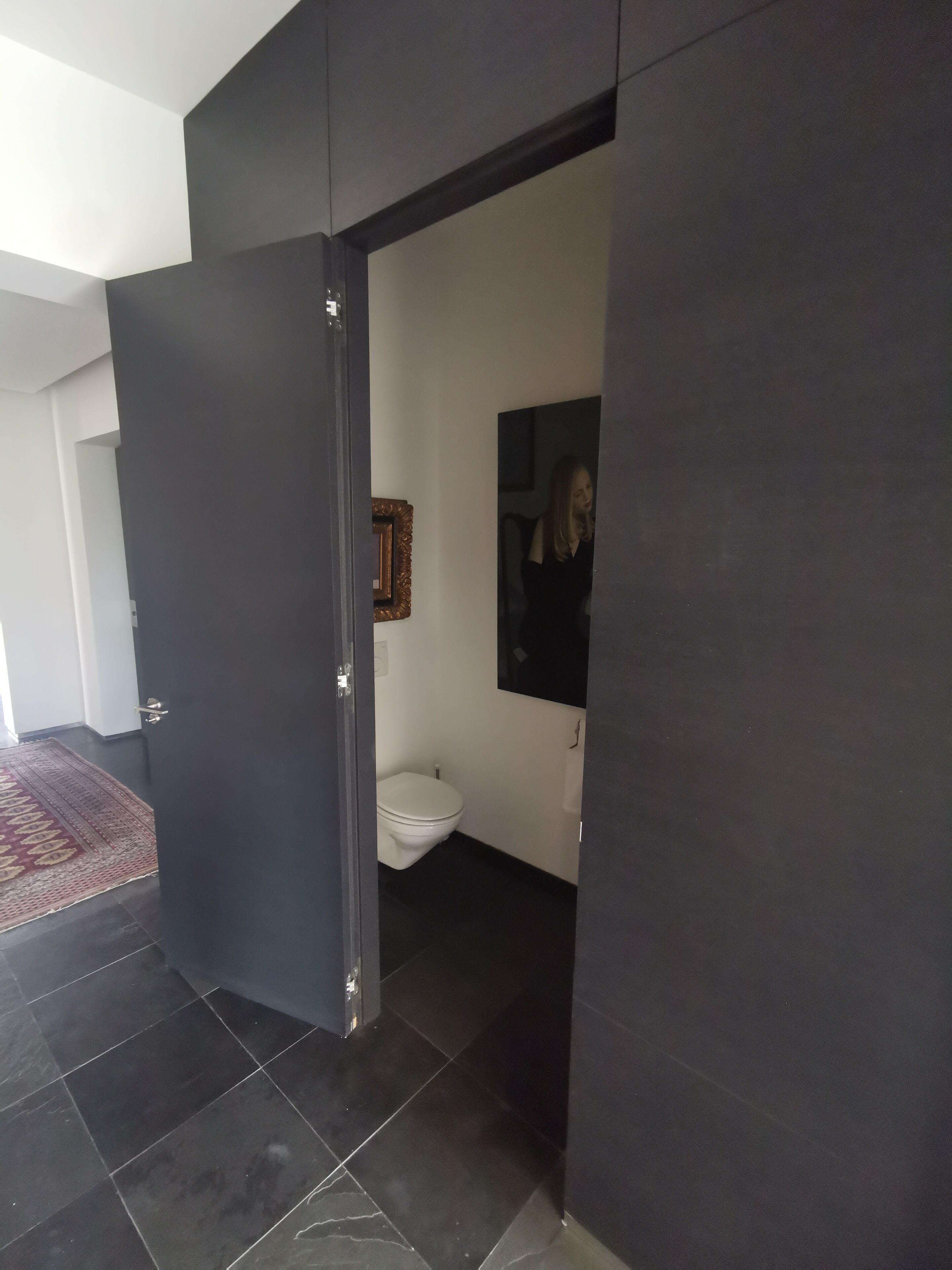 Une salle de bain moderne avec des toilettes, un miroir et une porte de couleur foncée.