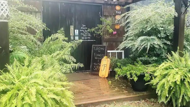 Une pergola en bois avec une porte noire, entourée de fougères verdoyantes.