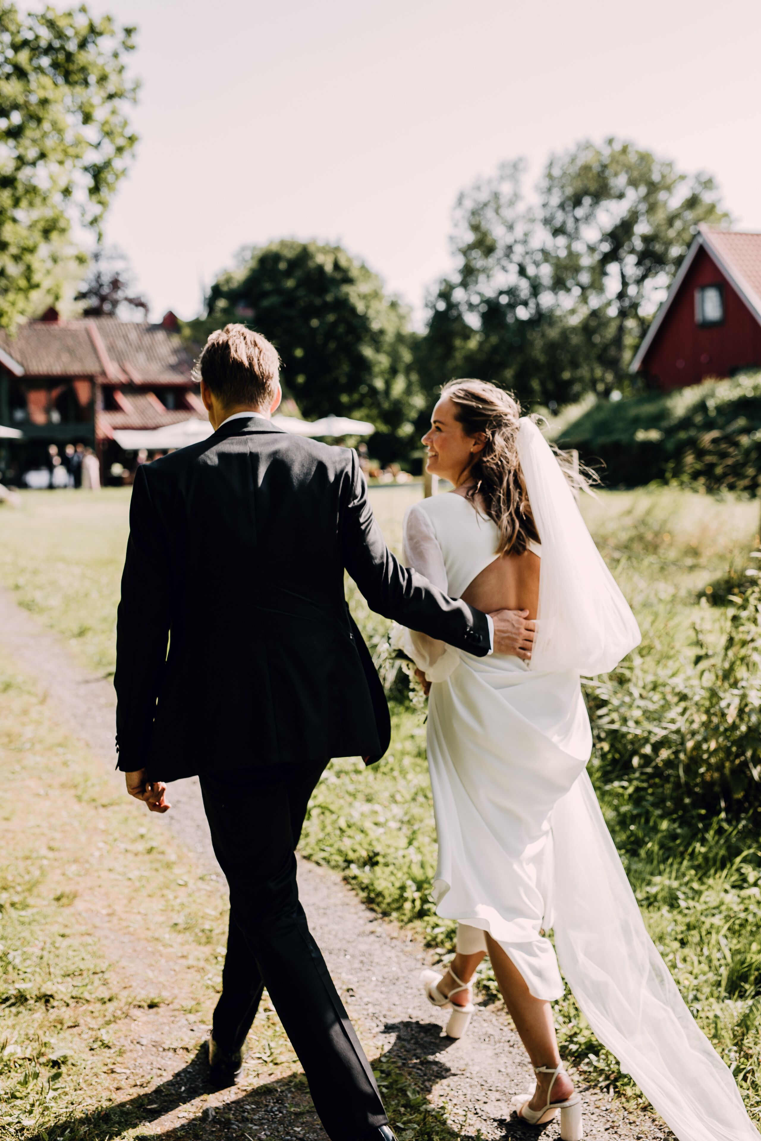 A couple walking on a path.