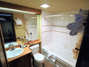 Combined shower/bathtub, soap, toilet paper