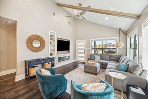 Smart TV, caminetto, libri, impianto stereo