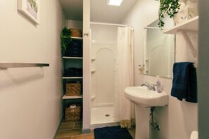 Shower, hair dryer, towels, soap