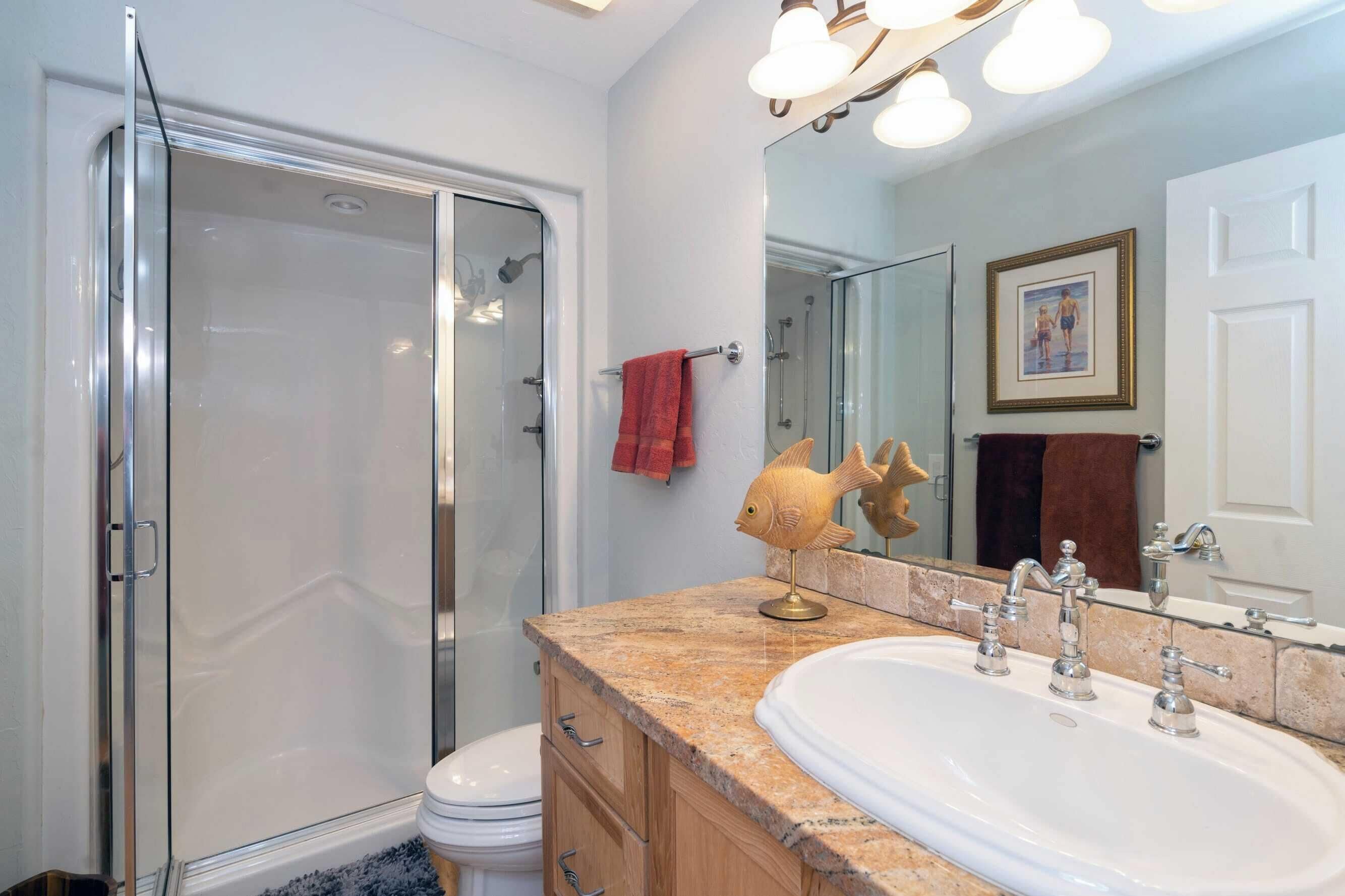 Un baño con cabina de ducha de vidrio, un lavabo blanco con dos grifos y un espejo grande sobre el lavabo.