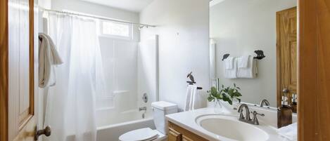 Ein Badezimmer mit Badewanne, Toilette, Waschbecken und einem großen Spiegel.